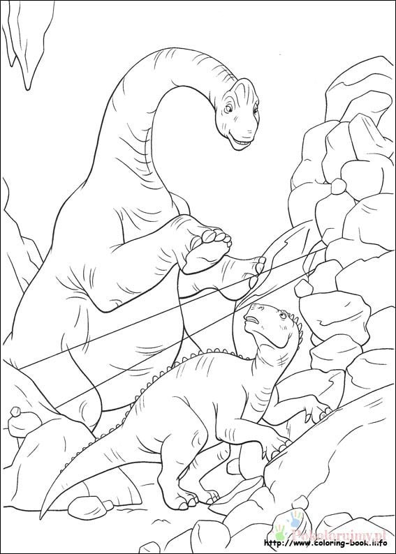 Dinozaury do kolorowania, scena z dinozaurami w skałach.