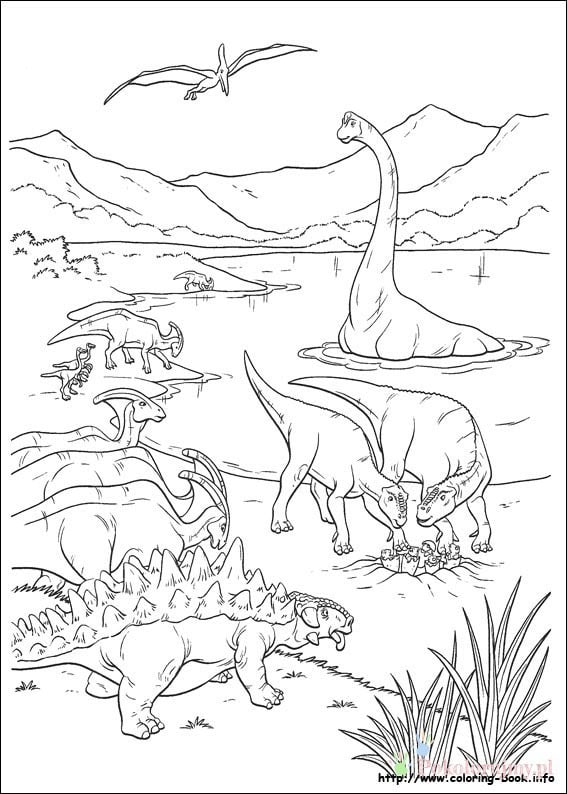 Dinozaury do kolorowania, w tym brachiozaur, tyranozaur i pterozaur.