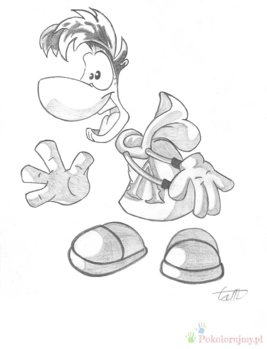Rayman z bohaterem w kapturze - kolorowanka Rayman i mała postać w kapturze - kolorowanka do druku