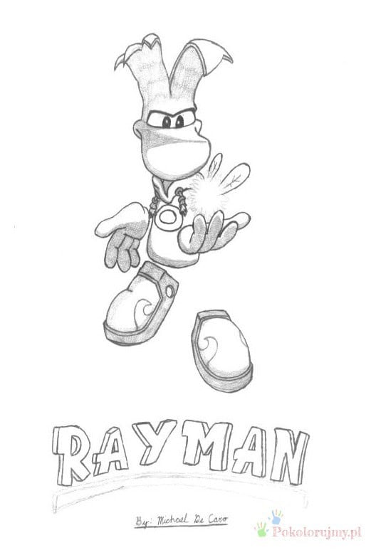Rayman - prosta pionowa kolorowanka do druku Rayman stojący z uniesionymi dłońmi - kolorowanka dla dzieci