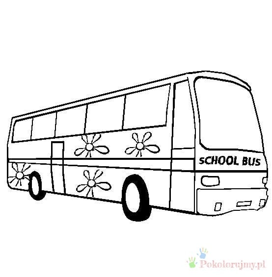 Autobus szkolny z kwiatami - kolorowanka Autobus szkolny z kwiatami - kolorowanka dla dzieci