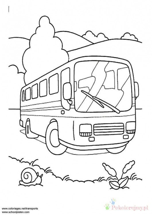 Autobus w krajobrazie - kolorowanka Autobus z chmurami i roślinami w tle - kolorowanka