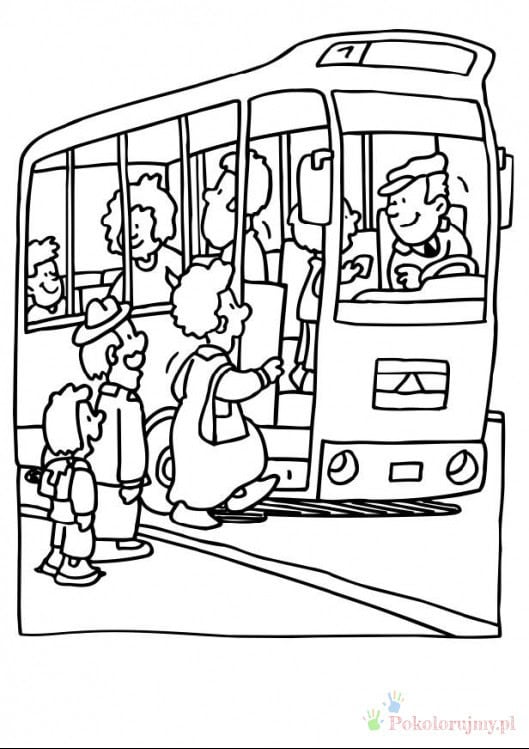 Dzieci wsiadają do autobusu - kolorowanka Dzieci wsiadające do autobusu - kolorowanka do druku