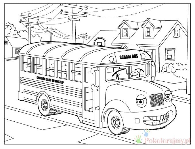 School Bus - autobus szkolny - kolorowanka Autobus szkolny z domami i przewodami w tle - kolorowanka