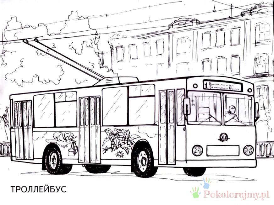 Trolejbus - kolorowanka Trolejbus z napisem Trolleybus - kolorowanka do druku
