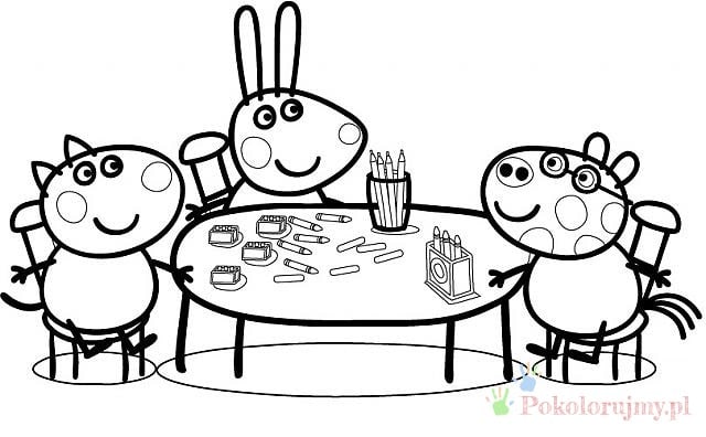 Peppa i przyjaciele rysują przy stole - kolorowanka Peppa i przyjaciele rysują przy stole - kolorowanka do druku