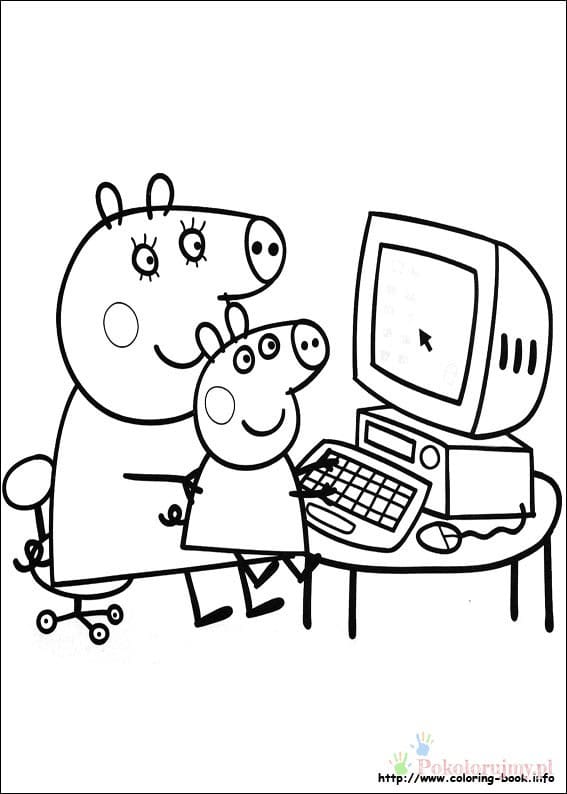 Mama Świnka i Peppa przy komputerze - kolorowanka Mama Świnka i Peppa przy komputerze - kolorowanka