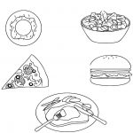 Pączek, sałatka, pizza, burger, talerz z jedzeniem.
