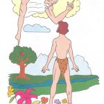 Ilustracja Adama i Ewy z biblijnej historii do kolorowania.