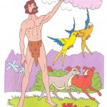 Ilustracja z Adamem, Ewa i zwierzętami w ogrodzie Eden.
