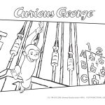 Kolorowanka Curious George z balonami i literami do druku.