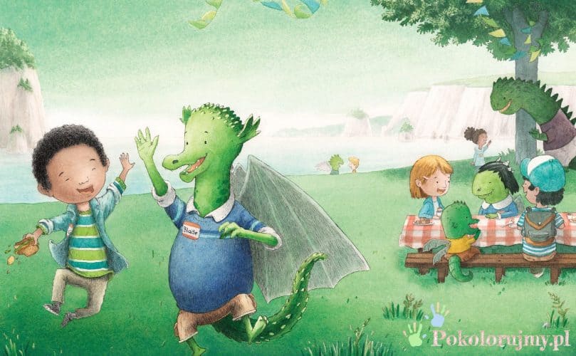 Kolorowanki dla dzieci z dinozaurami i przyjaciółmi na łonie natury.