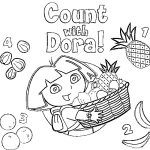Kolorowanka Dory z owocami i napisem Count with Dora!.