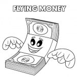 Postać banknotu z uśmiechniętą twarzą i skrzydłami, ilustracja do kolorowania.