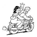 Kolorowanka do wydrukowania z Ernstem i Bobbie na motocyklu.