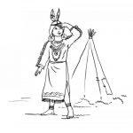 Kolorowanka Indianin z piórem na głowie i tipi w tle.