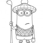 Minion z kijem golfowym do kolorowania, czarno-biały obrazek.