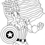Kolorowanka Kapitan Ameryka z tarczą i flagą USA do wydrukowania.
