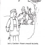 Kolorowanka z legendy polskiej z Czechem i Rusem na koniu.