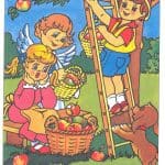 Kolorowanka anioła i chłopca zbierających jabłka z drzewa.