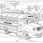 Szkolny autobus do kolorowania z napisem 'School Bus' i 'Chevrolet Cams Township'.