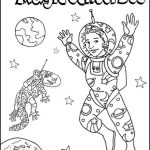 Kolorowanka z magicznym autobusem i astronautą w przestrzeni kosmicznej.
