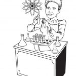 Kolorowanka Marii Skłodowskiej-Curie z probówkami i atomem.