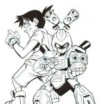 Kolorowanki Medabots do druku dla dzieci, postacie z robotami i chłopcem.