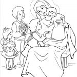 Dzieci i Maryja w scenie religijnej do kolorowania, obraz do druku.