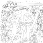 Kolorowanka Rick i Morty z postaciami i scenami z serialu.
