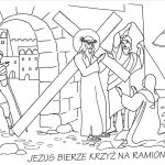 Kolorowanka z Jezusem niosącym krzyż na drodze krzyżowej.