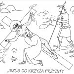 Kolorowanka przedstawiająca Jezusa na drodze krzyżowej z żołnierzem.