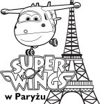 Kolorowanka Super Wings z samolotem i wieżą Eiffla do druku.