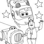 Kolorowanka do druku z bohaterami Super Wings i helikopterem.