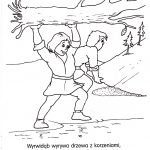 Dzieci rysujące scenę z legendy polskiej, trzymające drzewo nad głową.