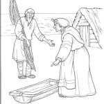 Ilustracja do kolorowania z rybakiem i rybą na tle wsi.
