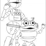 Dwa roboty do kolorowania, dla dzieci, do druku, z dużymi oczami i uśmiechami.