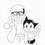 Postać Astro Boy i chłopak z okularami w kreskówkowym stylu.