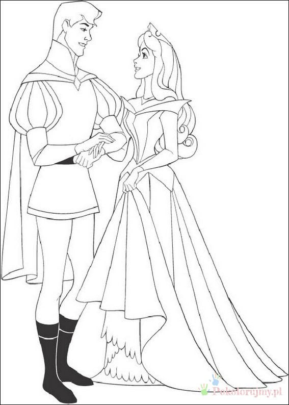 Aurora z księciem Filipem Aurora i książę Filip stojący razem - kolorowanka