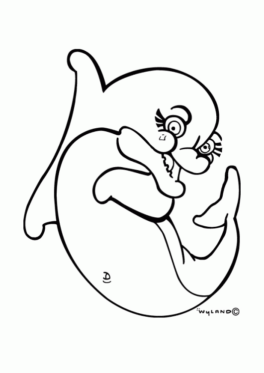 Uśmiechnięty bajkowy delfin Bajkowy delfin z dużymi oczami i rzęsami - kolorowanka
