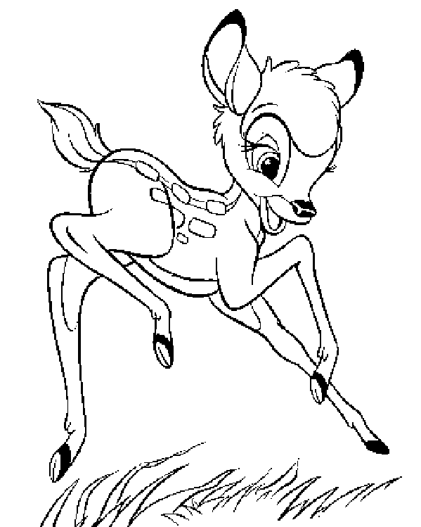 Bambi w biegu Bambi biegnący lekko po trawie z uniesioną nogą - kolorowanka do druku