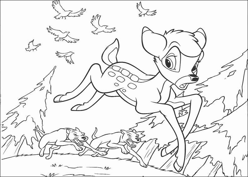 Bambi biegnie przez las Bambi biegnący przez las z ptakami nad głową - kolorowanka do druku
