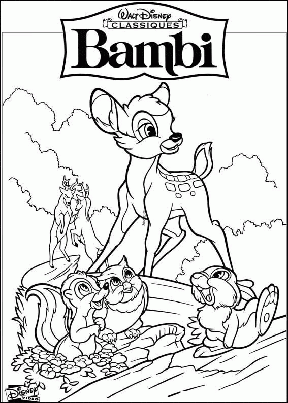 Bambi i przyjaciele - plansza Bambi i jego leśni przyjaciele na ozdobnej planszy tytułowej - kolorowanka do druku