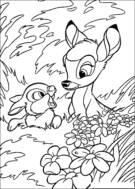 Bambi i Tuptuś w kwiatach Bambi i Tuptuś razem pośród gęstych leśnych kwiatów - kolorowanka do druku