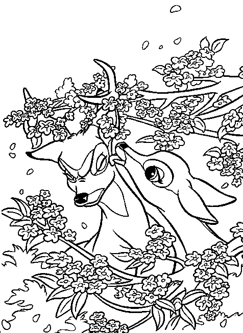 Bambi przy owocującej gałęzi Bambi sięgający do gałęzi pełnej liści i drobnych owoców - kolorowanka do druku