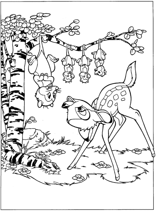 Bambi pod gałęzią nietoperzy Bambi stojący pod gałęzią z wiszącymi nietoperzami - kolorowanka do druku