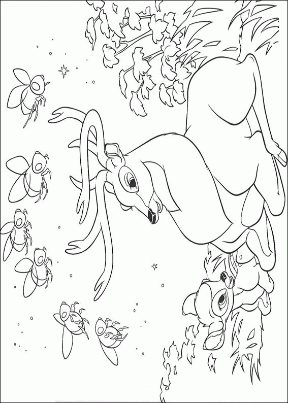 Bambi wśród kwiatów i motyli Bambi pochylający się ku kwiatom i motylom przy skarpie - kolorowanka do druku