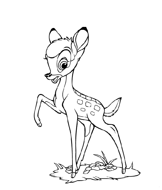 Bambi stawia pierwsze kroki Bambi stawiający ostrożny krok na leśnej polanie - kolorowanka do druku