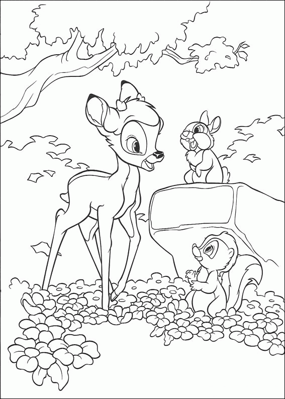 Bambi i Tuptuś przy grzybie Bambi i Tuptuś przy wielkim grzybie z motylem - kolorowanka do druku