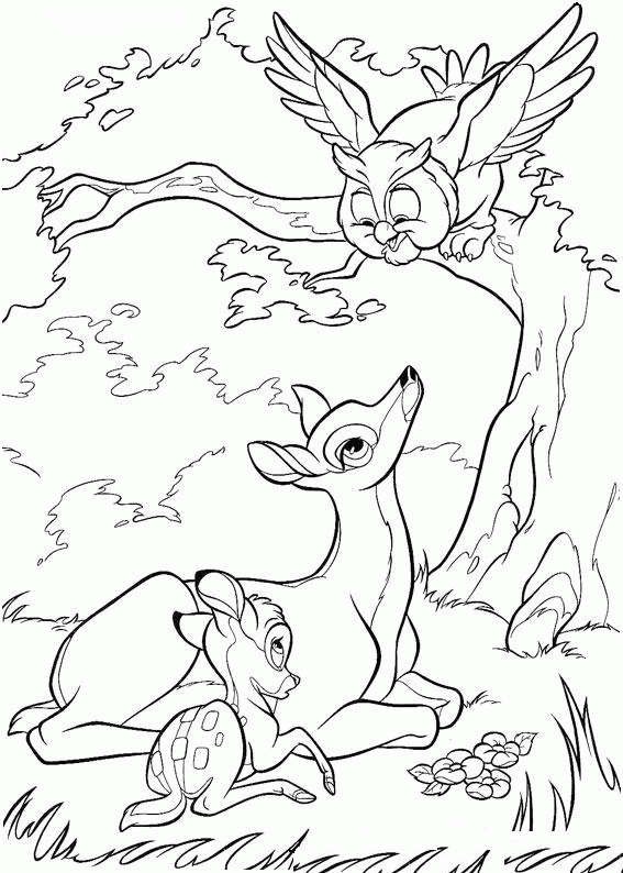 Bambi z Tuptusiem i Panem Sową Bambi odpoczywający pod drzewem z Tuptusiem i Panem Sową - kolorowanka do druku